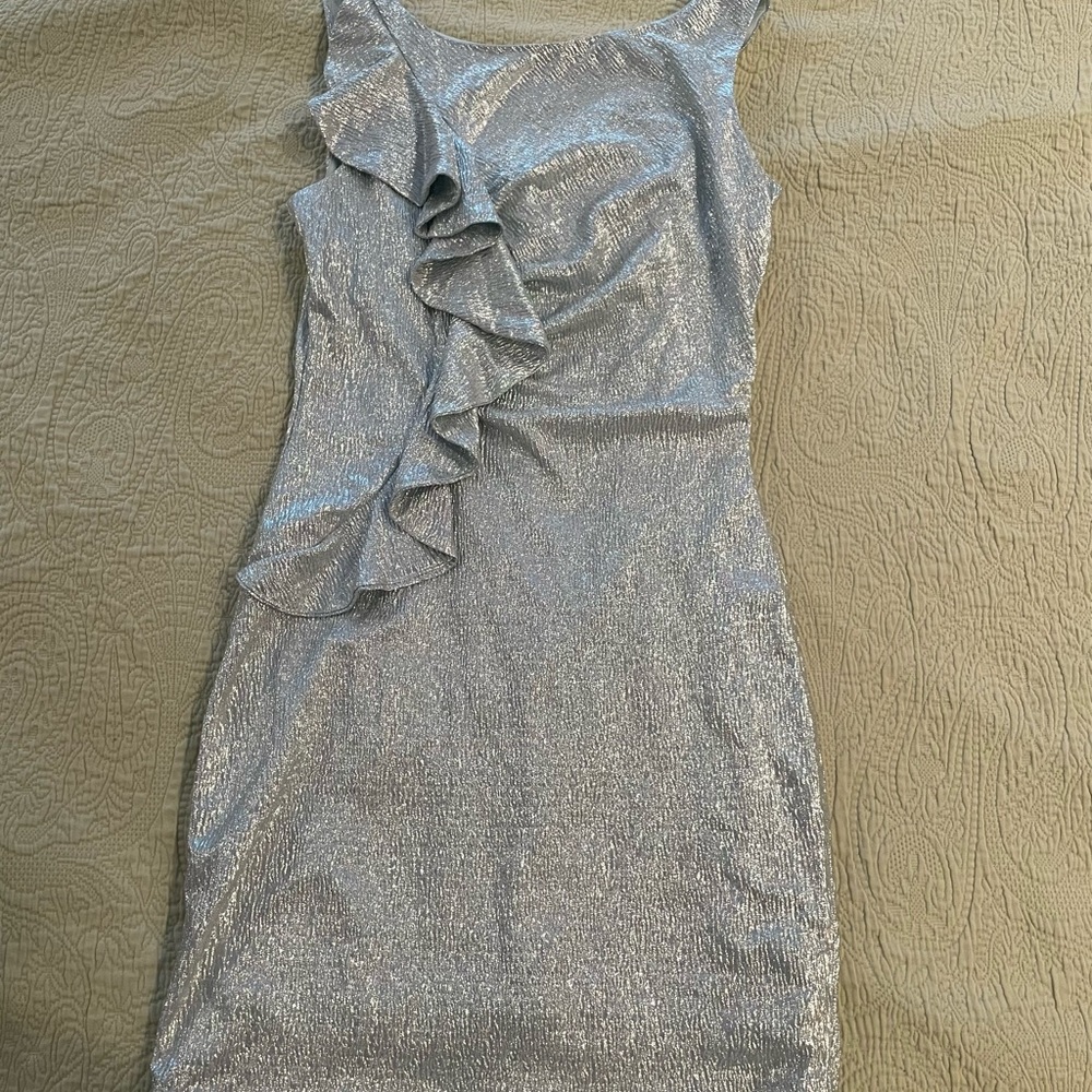 Hailey Logan Silver Asymmetrical Ruffle Sheath Dress